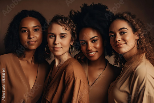 Portrait of multiracial women in studio looking at camera over brown background. Generative AI photo