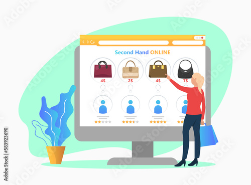 Woman using second hand sale app vector illustration. Female customer choosing bag online on computer screen. Second hand sales  online shopping  cashless payment  sustainability  e-commerce concept