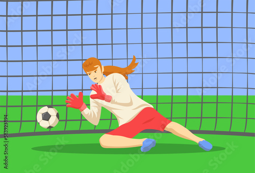 Female goalkeeper vector illustration. Professional soccer player catching ball on field during friendly match. Women's football, competition, sports, feminism concept