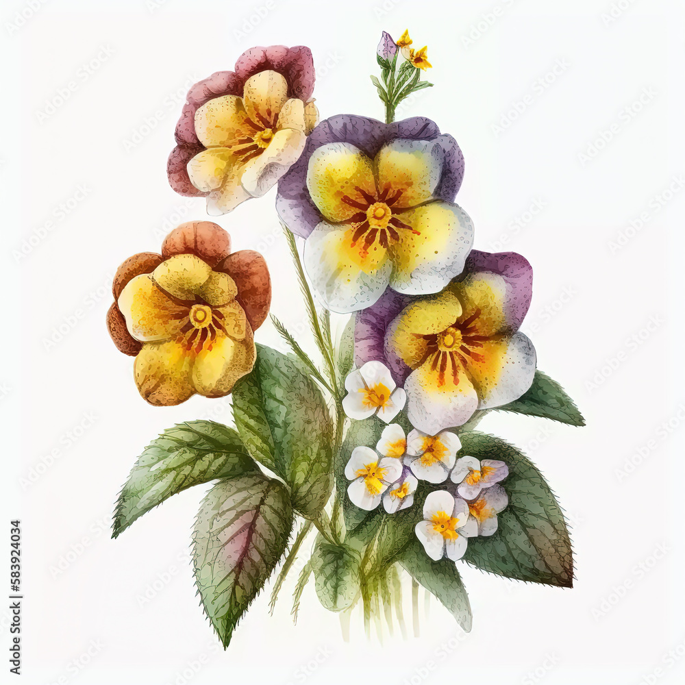 Watercolor primula illustration on white background. Flower art. Ai generated