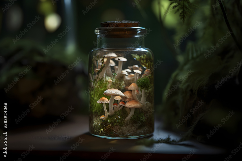 Close-up bottle with growing mushrooms inside. Fairytale background. Generated AI Close-up bottle with growing mushrooms inside. Fairytale background. Generated AI
