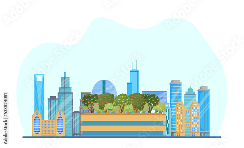 Green zone in big city vector illustration. Garden with fruit trees in middle of megapolis on white background. Urban farm produce, local market, ecology, gardening, healthy food concept