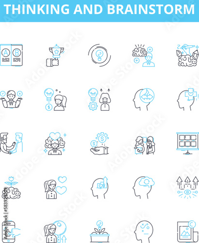 Thinking and brainstorm vector line icons set. Ideation, Brainstorming, Ponder, Conceptualize, Consider, Analyse, Cogitate illustration outline concept symbols and signs