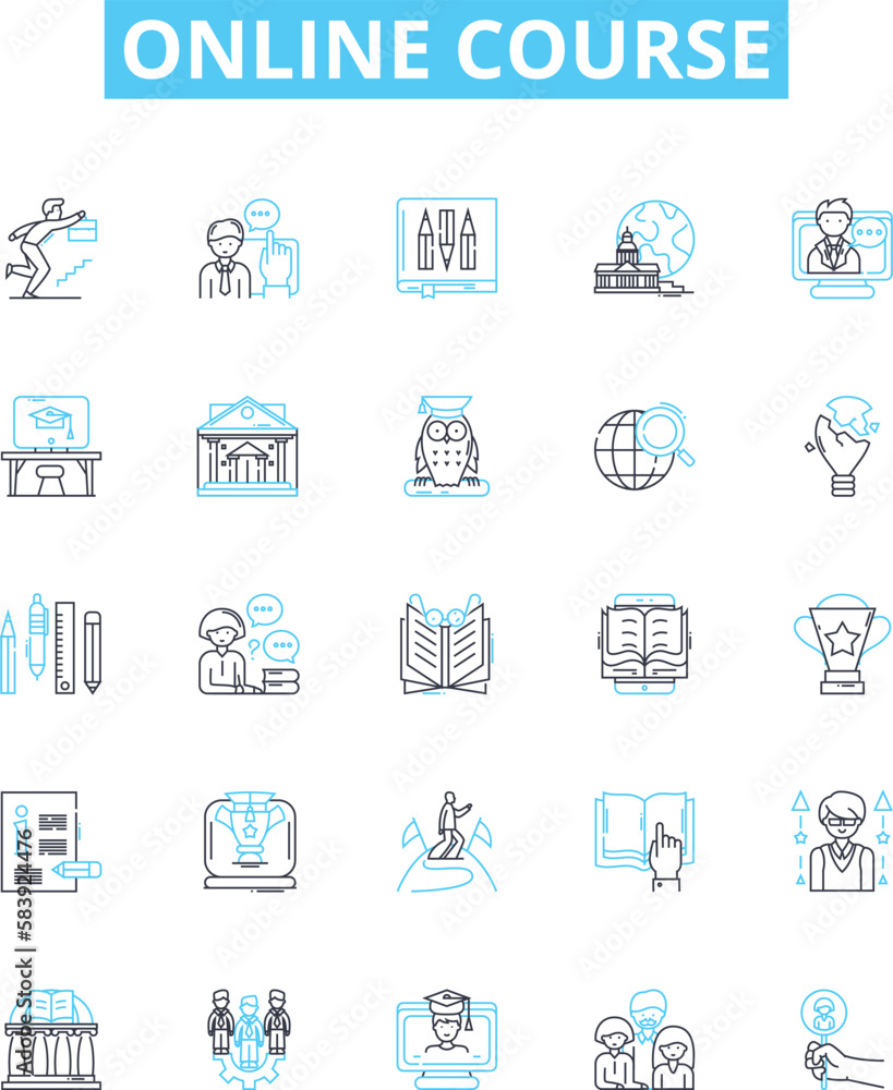 Online Course vector line icons set. eLearning, Webinar, Tutorials, MOOC, Training, Workshop, Certifications illustration outline concept symbols and signs Online Course vector line icons set. eLearning, Webinar, Tutorials, MOOC, Training, Workshop, Certifications illustration outline concept symbols and signs
