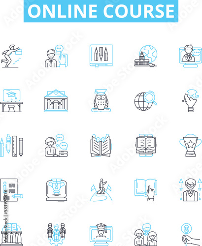Online Course vector line icons set. eLearning, Webinar, Tutorials, MOOC, Training, Workshop, Certifications illustration outline concept symbols and signs