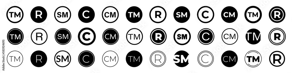 Trademark icon set. Copyright glyph icon set.