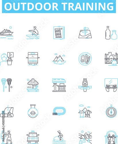 outdoor training vector line icons set. Outdoor, Training, Exercise, Coaching, Adventure, Hiking, Camping illustration outline concept symbols and signs