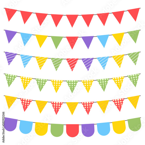 Colorful birthday, celebration, anniversary, festival, and party flags garland on isolated white background. Vector illustration flat desgin.