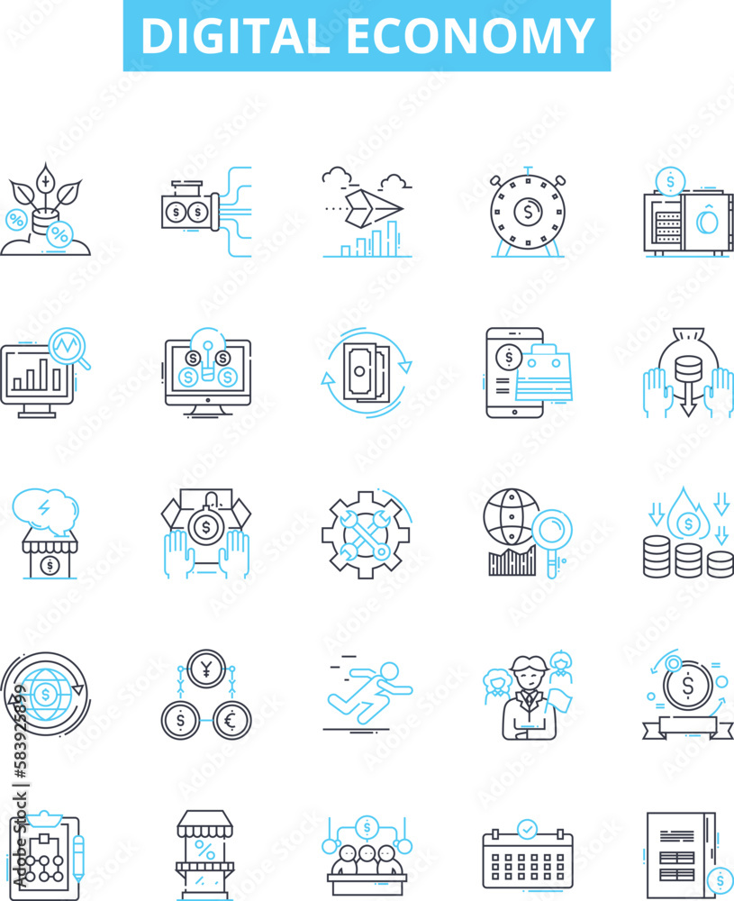 Digital economy vector line icons set. digital, economy, technology, online, commerce, services, finance illustration outline concept symbols and signs