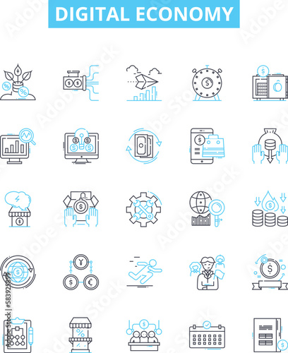 Digital economy vector line icons set. digital  economy  technology  online  commerce  services  finance illustration outline concept symbols and signs
