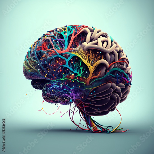 A colorful network of wires covering an abstract brain Generative AI