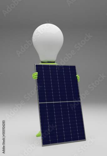 A light bulb with a solar panel on a grey background
