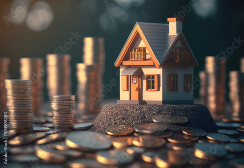 Cottage representing housing bubble among coins