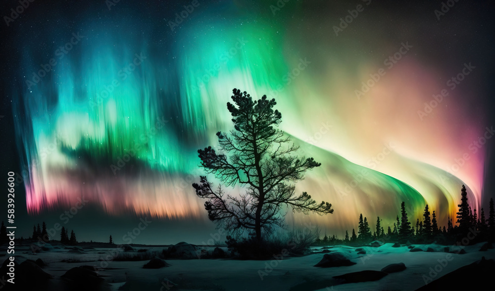  the aurora bore in the sky over a tree and snow covered ground with a green and purple aurora bore in the sky above the trees and snow covered ground.  generative ai