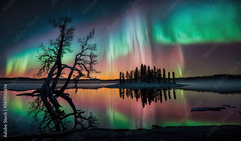  the aurora bore is reflected in a lake with trees in the foreground and the aurora bore in the background, with a reflection of a tree in the water.  generative ai