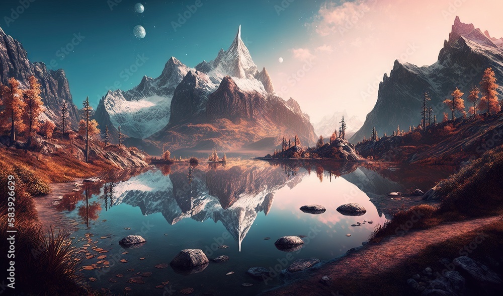 a painting of a mountain lake surrounded by trees and mountains with a ...