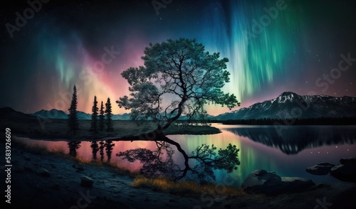  the aurora bore is reflected in a lake with a tree in the foreground and a mountain range in the background with a reflection in the water.  generative ai © Anna