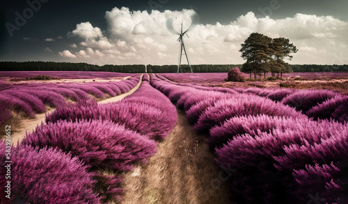  a field of lavender flowers with a windmill in the distance in the distance is a dirt road and a lone tree in the foreground. generative ai