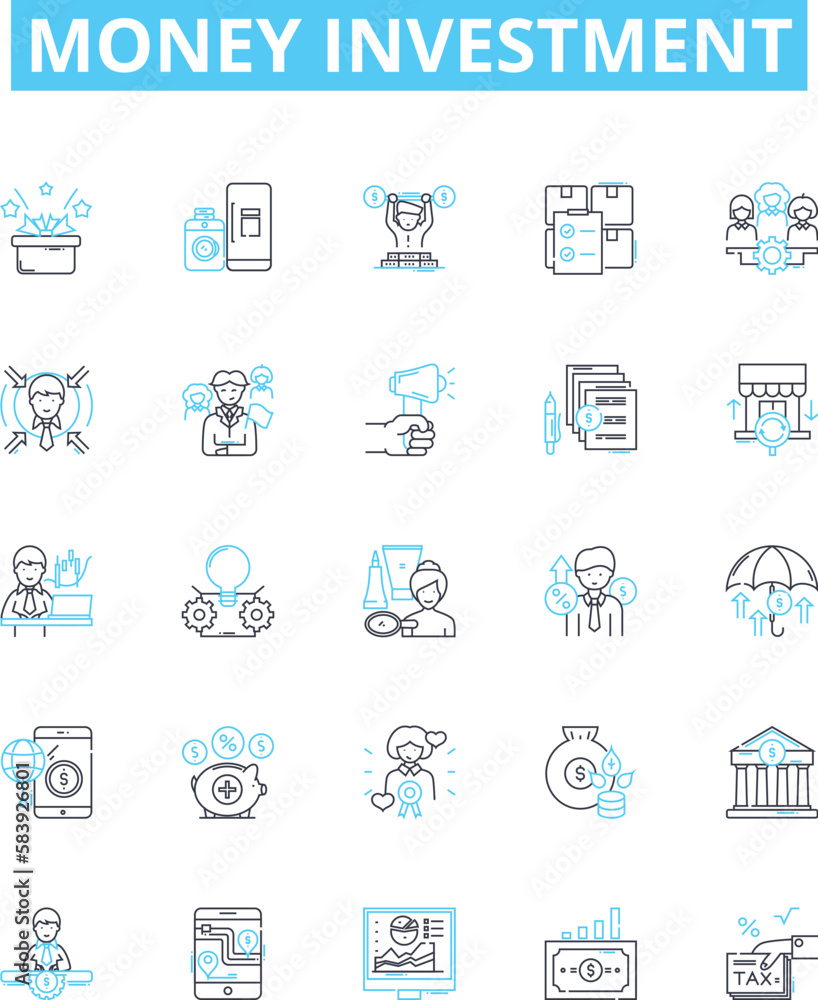 Money investment vector line icons set. Funding, Banking, Securities, Stocks, Bonds, Finance, Cash illustration outline concept symbols and signs