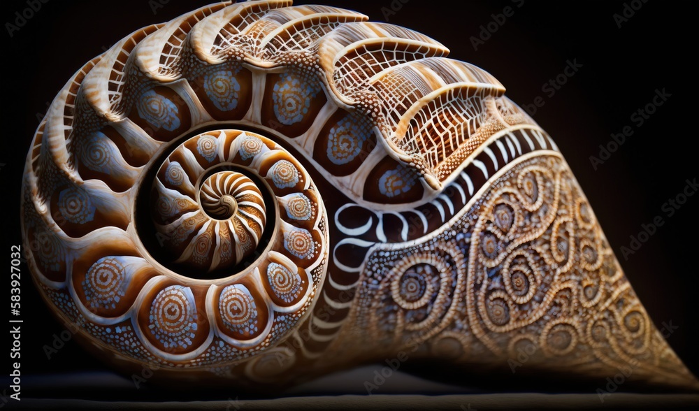 a close up of a snail shell on a black background with a black background and a black background with a black background and a brown and white shell. generative ai a close up of a snail shell on a black background with a black background and a black background with a black background and a brown and white shell. generative ai