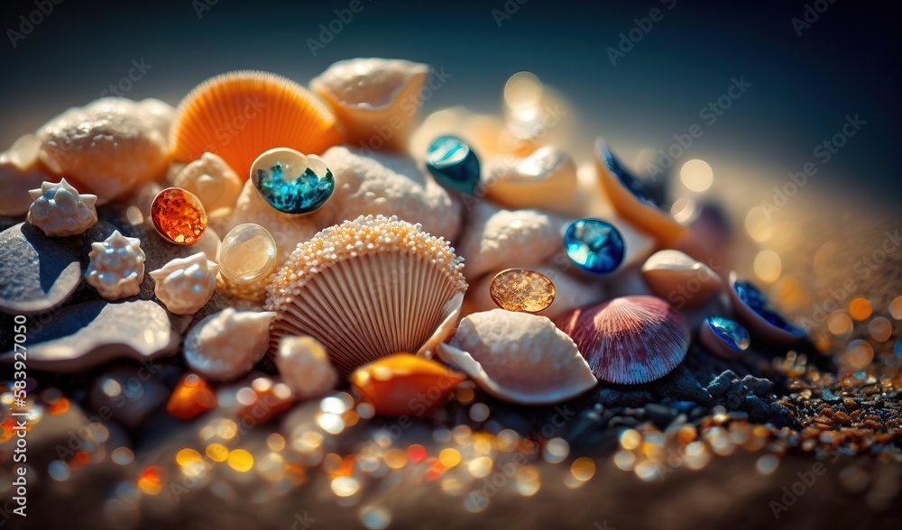 a pile of seashells sitting on top of a sandy beach next to a body of water with bubbles on the water behind them. generative ai a pile of seashells sitting on top of a sandy beach next to a body of water with bubbles on the water behind them. generative ai