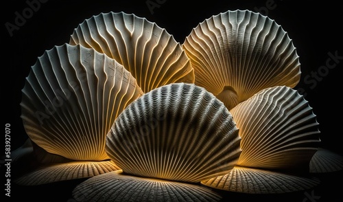  a group of three seashells sitting next to each other on a black surface with a light shining on them in the middle of the image. generative ai