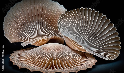  a couple of large shells sitting on top of a black table top next to a black background with a black background behind them and a black background. generative ai