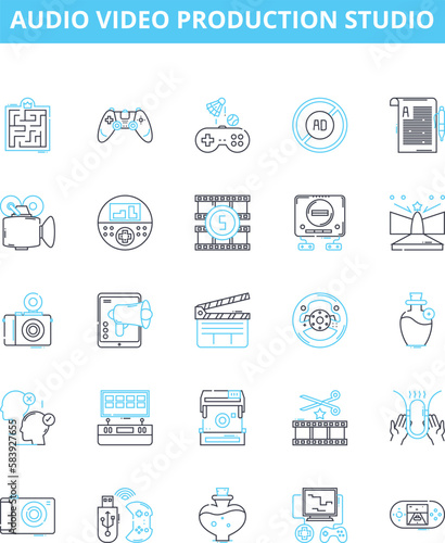 Audio video production studio vector line icons set. Recording, Mixing, Mastering, Editing, Dubbing, Broadcasting, Commercials illustration outline concept symbols and signs