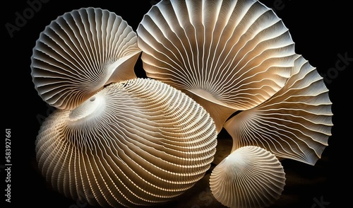  a group of white shells sitting on top of a black table top next to a black background with a white light shining on them and a black background.  generative ai © Anna