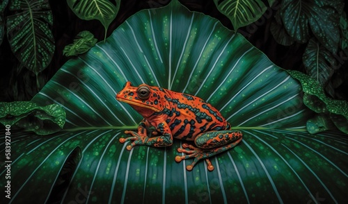  a red and black frog sitting on top of a green leaf covered in green leaves and leaves behind it is a large green leaf with green leaves behind it. generative ai