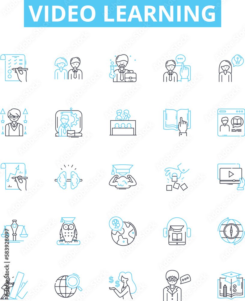 Video learning vector line icons set. Video, Learning, Course, Tutorial, Lesson, Education, E-learning illustration outline concept symbols and signs Video learning vector line icons set. Video, Learning, Course, Tutorial, Lesson, Education, E-learning illustration outline concept symbols and signs