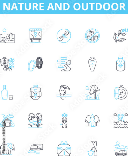 Nature and outdoor vector line icons set. Wilderness, Hiking, Camping, Rivers, Lakes, Forests, Mountains illustration outline concept symbols and signs