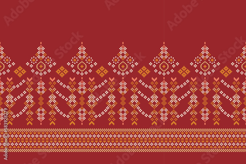 Ethnic geometric fabric pattern Cross Stitch.Ikat embroidery Ethnic oriental Pixel pattern crimson red background. Abstract,vector,illustration.For texture,clothing,wrapping,decoration,carpet.