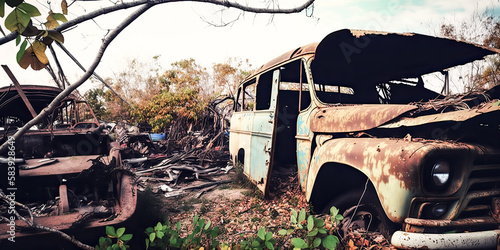 Leaves scattered around a wrecked car in a junkyard have been captured in a nature image - generative ai