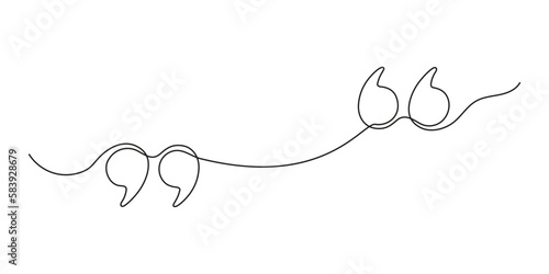 Quote in speech with commas, quotation mark in talk, continuous single line drawing. Quote mark, freehand one line hand drawn style. Vector outline illustration