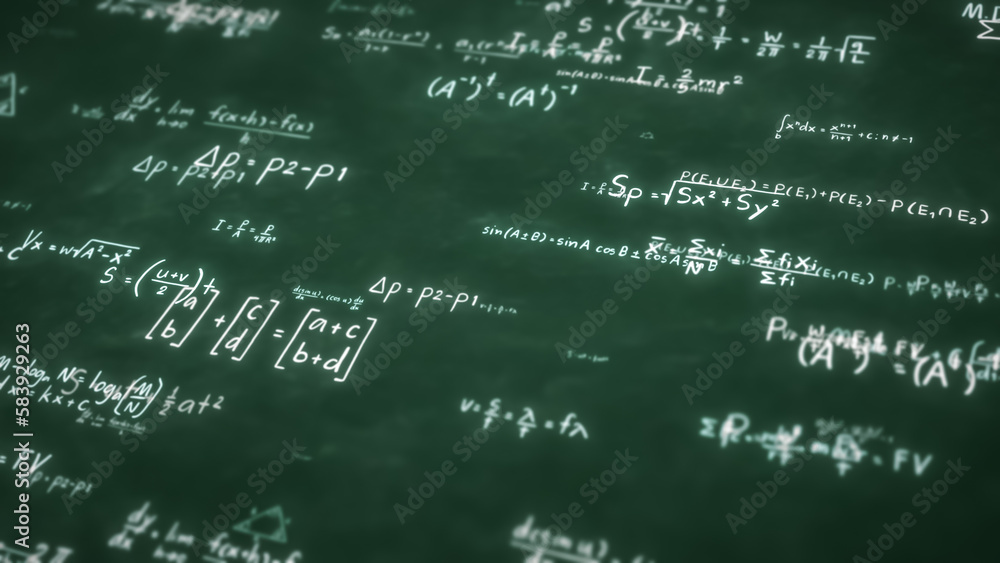 Abstract Physics equation concept, Mathematics calculation, Sciences formula, arithmetic and handwritten geometry symbol, handwriting chalk study on green board background, 3d rendering