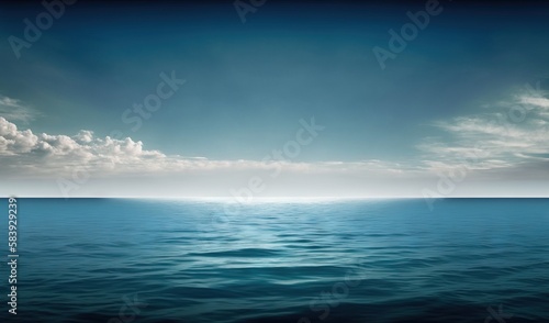  a large body of water under a cloudy sky with a boat in the water at the bottom of the picture and a few clouds in the sky.  generative ai © Anna