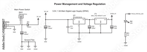 Schematic diagram of electronic device (power management and voltage regulation). Vector drawing electrical circuit with diode, capacitor, resistor, led, switch and other electronic components.