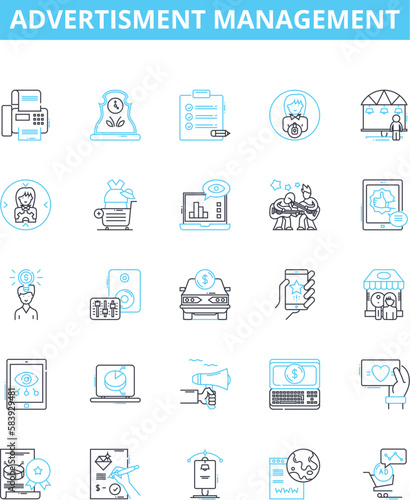 Advertisment management vector line icons set. Advertising, Management, Strategy, Impacts, Audience, Targeting, Plan illustration outline concept symbols and signs