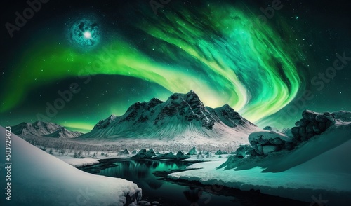  a green and blue aurora bore over a snowy mountain range with a lake in the foreground and stars in the sky in the background. generative ai
