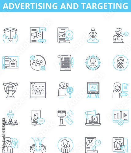 Advertising and targeting vector line icons set. Advertising, Targeting, Promotion, Campaign, Market, Demographics, Reaching illustration outline concept symbols and signs