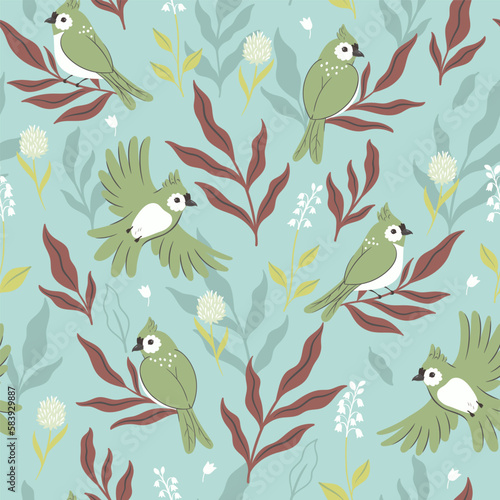 Seamless pattern with birds and flowers. Vector graphics.