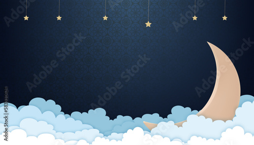 Ramadan Kareem background,Horizon Sale Header,Voucher Template with Crescent Moon,3d Paper cut Cloud and Star on islamic,arabic pattern on Blue Background.Vector Traditional Lanterns or Place for Text