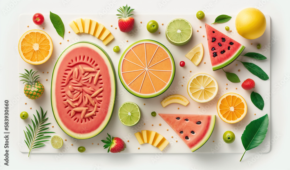 a white tray topped with cut up fruits and vegetables on top of a white surface. generative ai a white tray topped with cut up fruits and vegetables on top of a white surface. generative ai