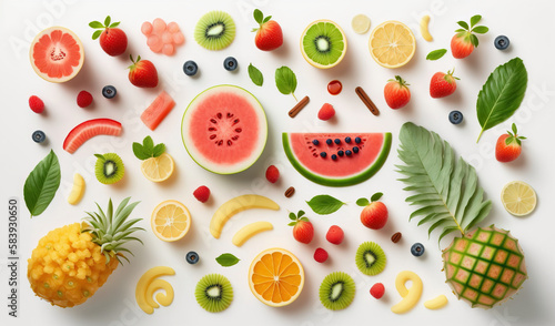  a variety of fruits are arranged on a white surface  including a pineapple  watermelon  kiwi  oranges  and pineapple.  generative ai