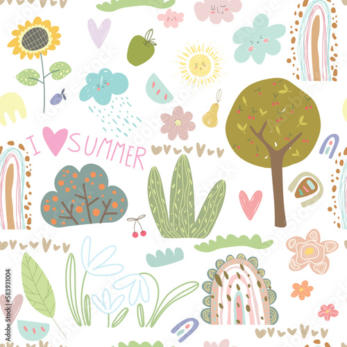 Fototapeta Naklejka Na Ścianę i Meble -  Seamless childish pattern with rainbows with sun, clouds, tree, plants. Scandi childish background. Trendy baby texture for fabric textile wallpaper apparel wrapping.