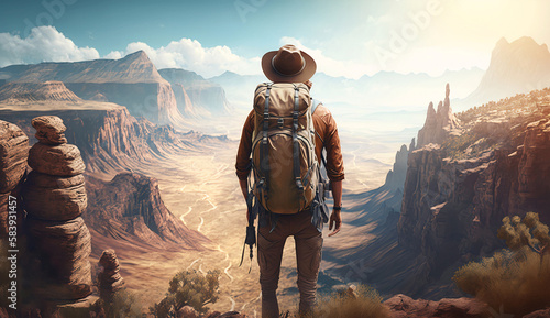 hiker in the mountains, travelling, artwork, travelling artwork, travelling illustration, man with backpack, traveler or explorer standing on top of mountain or cliff, adventure generated with AI tool