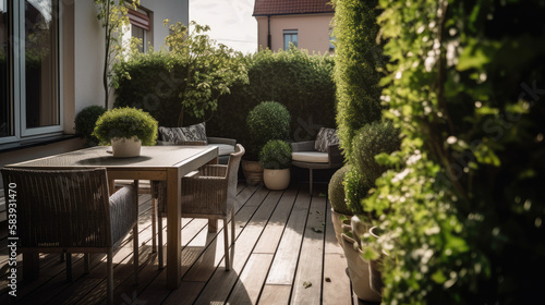 Terrasse/Balkon mit Möbeln und viel Grünpflanzen im Sommer, Generative AI © Mediaparts