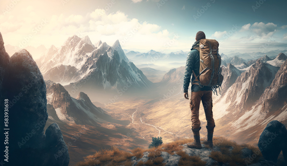 hiker in the mountains, travelling, artwork, travelling artwork, travelling illustration, man with backpack, traveler or explorer standing on top of mountain or cliff, adventure generated with AI tool