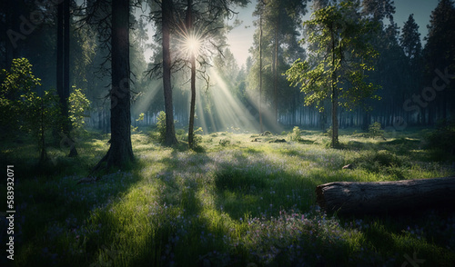  the sun shines through the trees in a forest filled with flowers.  generative ai